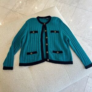 Laura Scott Teal Ribbed Knit Cardigan XL Vintage Gold Button Sweater